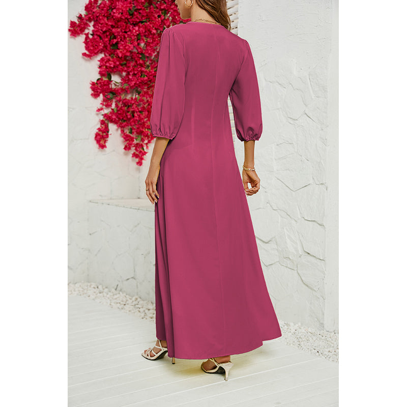 Pink V-Neck Puff Sleeves Maxi Dress