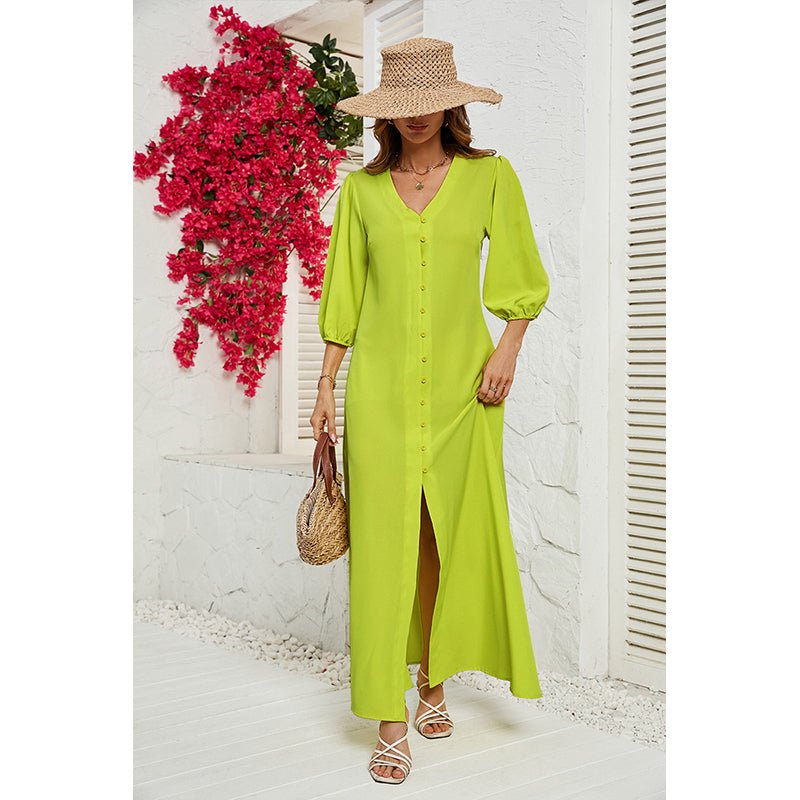 Yellow V-Neck Puff Sleeves Maxi Dress