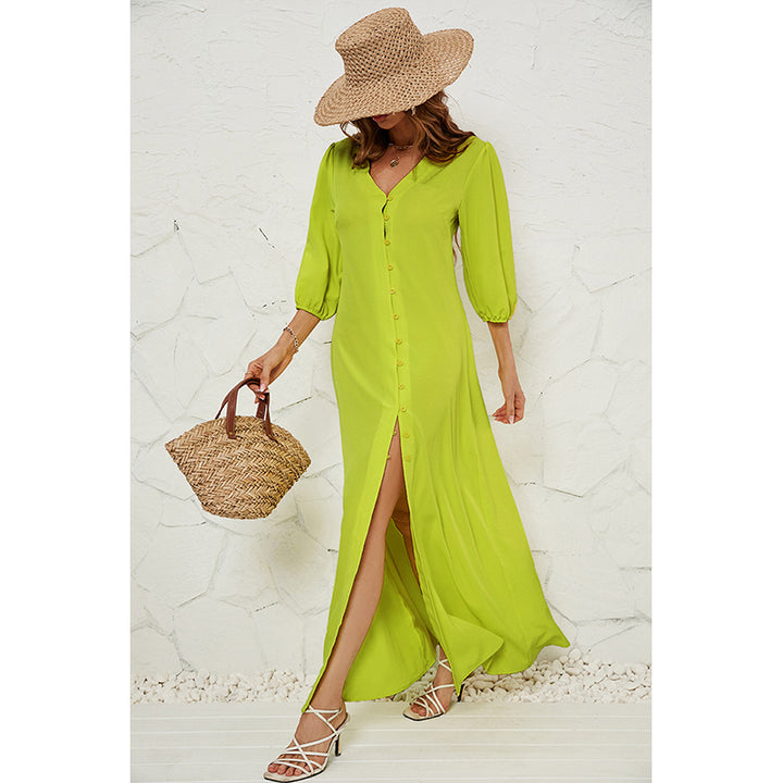 Yellow V-Neck Puff Sleeves Maxi Dress