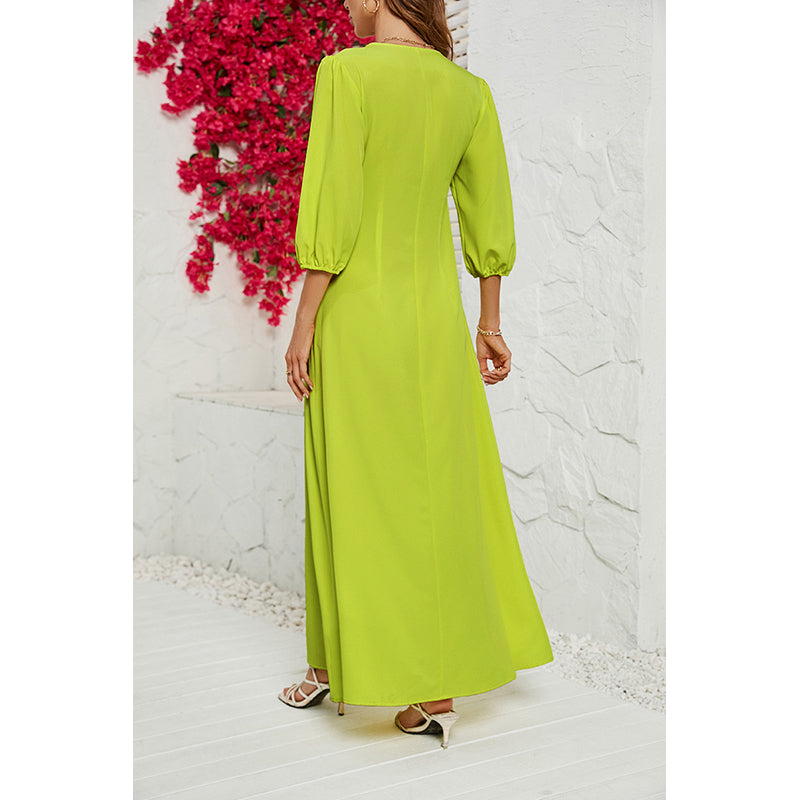 Yellow V-Neck Puff Sleeves Maxi Dress