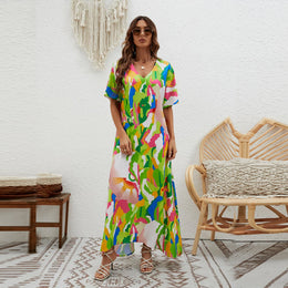 Abstract Printed Extended Sleeves A-Line Maxi Dress