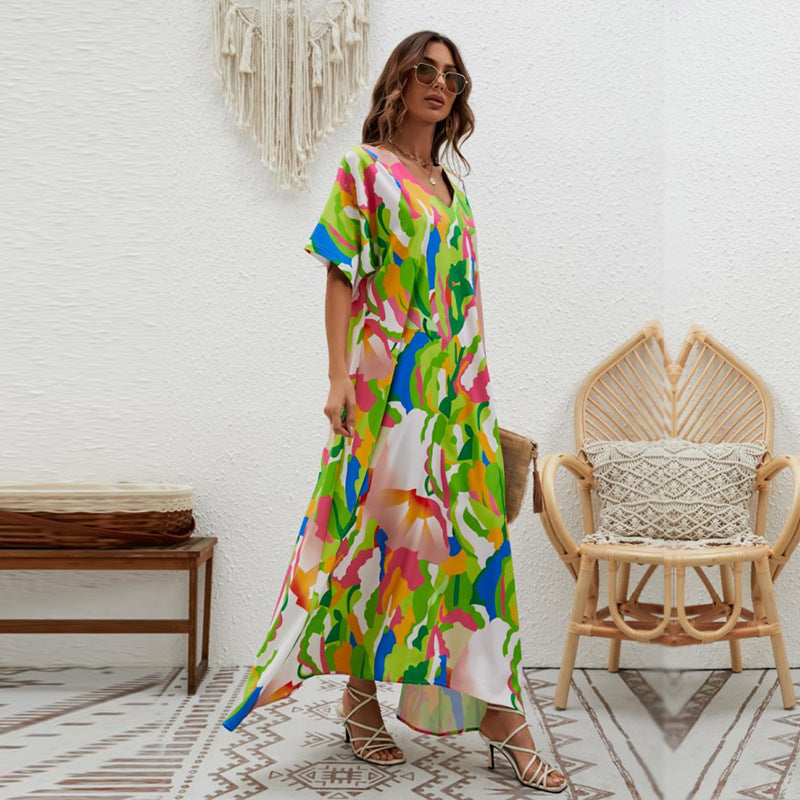 Abstract Printed Extended Sleeves A-Line Maxi Dress