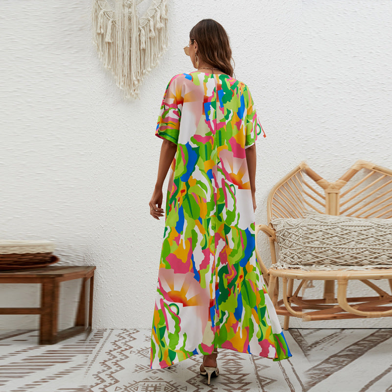 Abstract Printed Extended Sleeves A-Line Maxi Dress