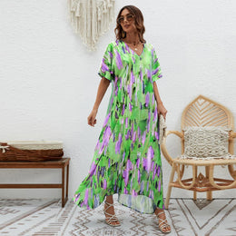 Abstract Printed Extended Sleeves A-Line Maxi Dress