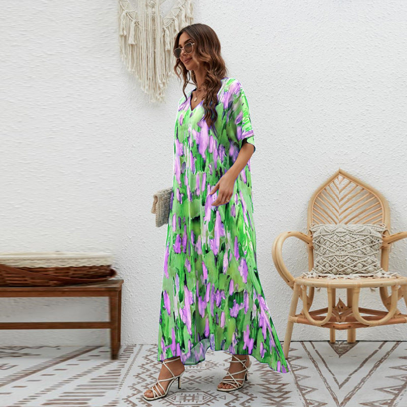 Abstract Printed Extended Sleeves A-Line Maxi Dress
