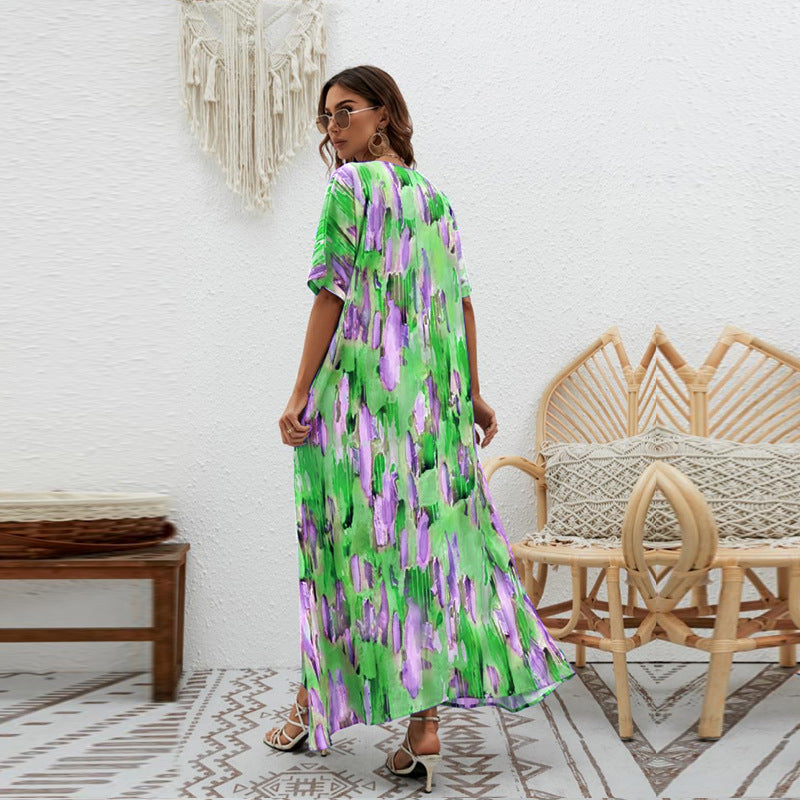 Abstract Printed Extended Sleeves A-Line Maxi Dress