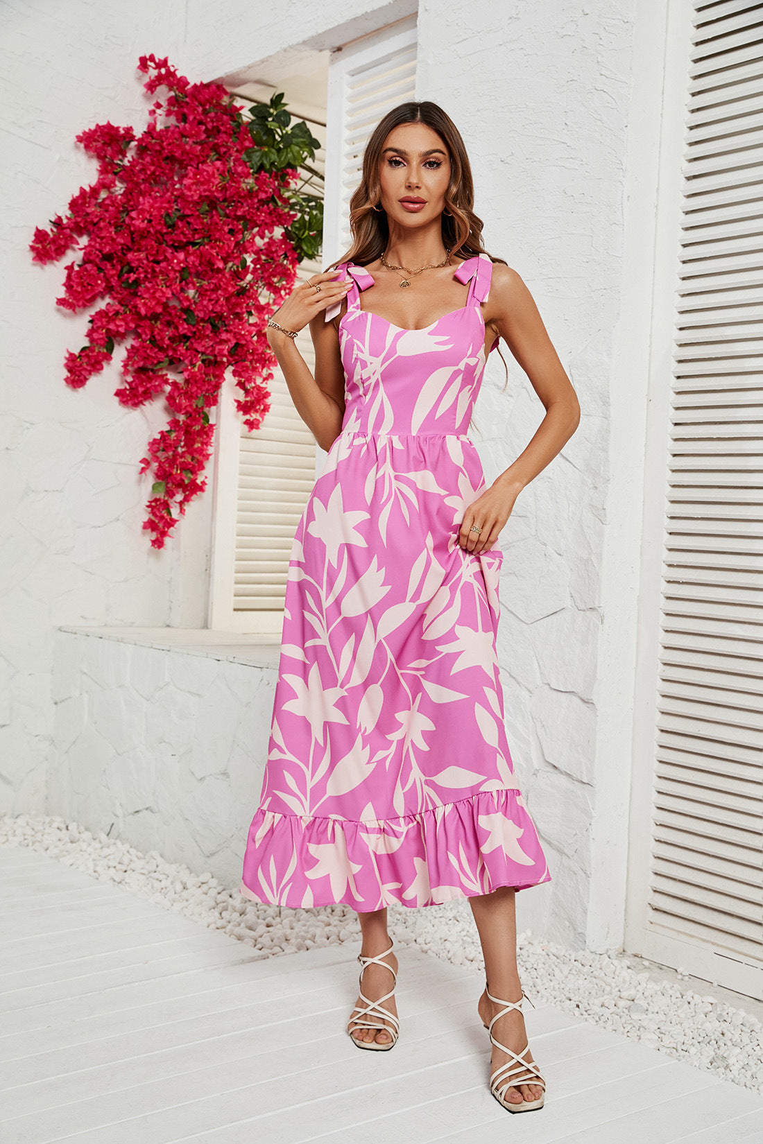 Pink Floral Printed Fit & Flare Midi Dress