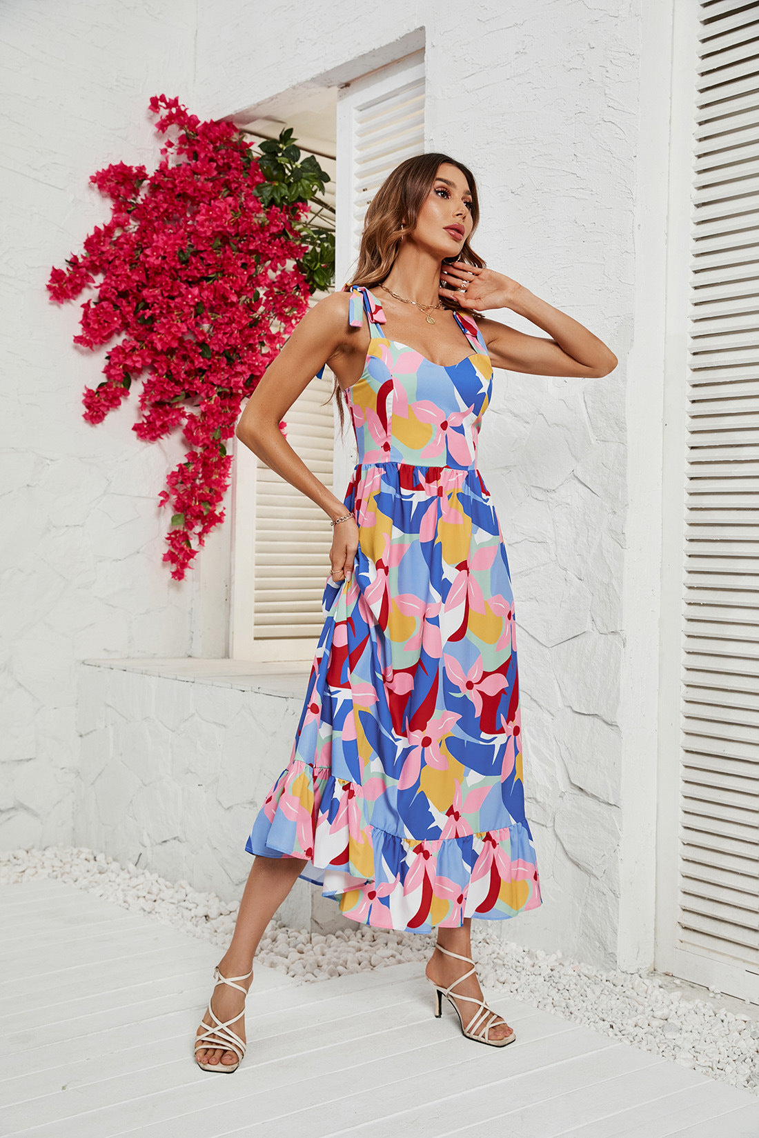 Blue Floral Printed Fit & Flare Midi Dress
