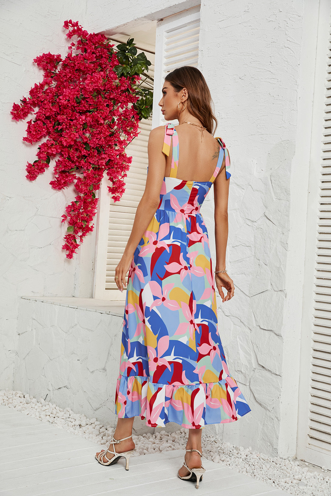 Blue Floral Printed Fit & Flare Midi Dress