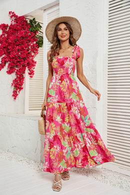 Red Floral Printed Shoulder Straps Smocked Tiered Maxi Dress