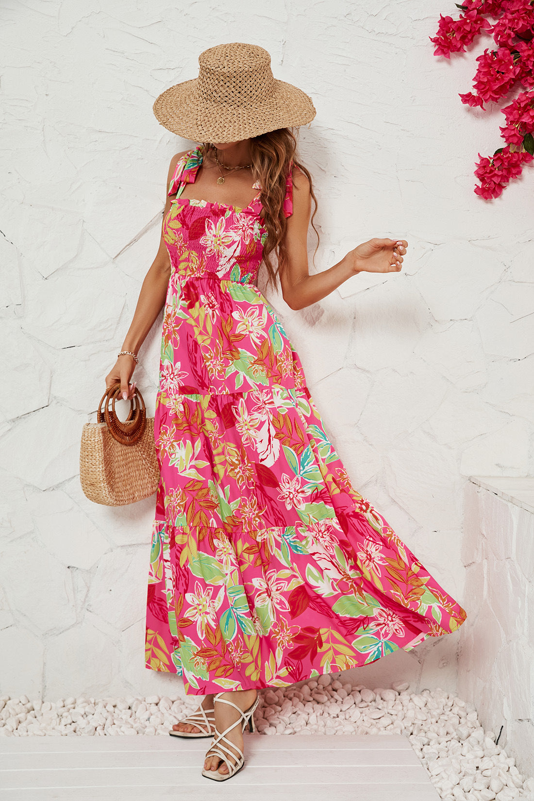 Red Floral Printed Shoulder Straps Smocked Tiered Maxi Dress