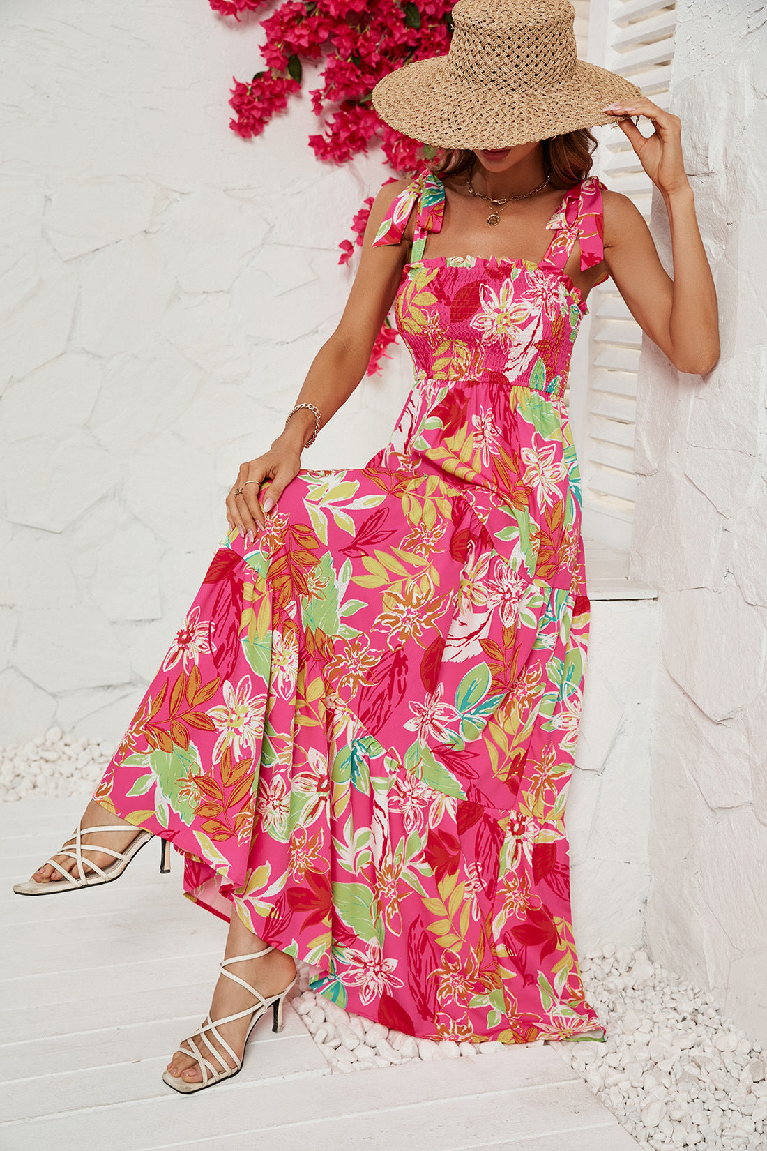 Red Floral Printed Shoulder Straps Smocked Tiered Maxi Dress