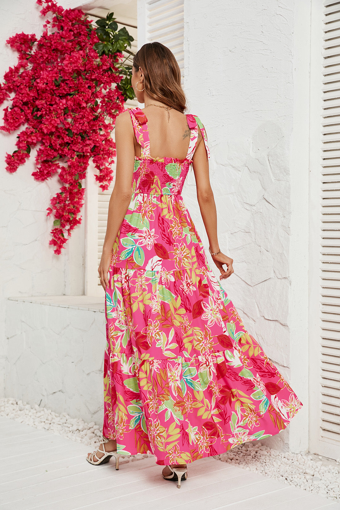 Red Floral Printed Shoulder Straps Smocked Tiered Maxi Dress