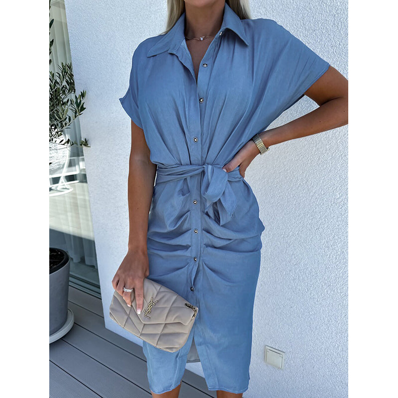 Blue Extended Sleeves Gathered Detail Shirt Dress
