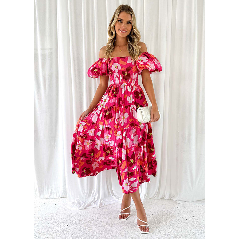 Printed Off-Shoulder Puff Sleeve Maxi Dress