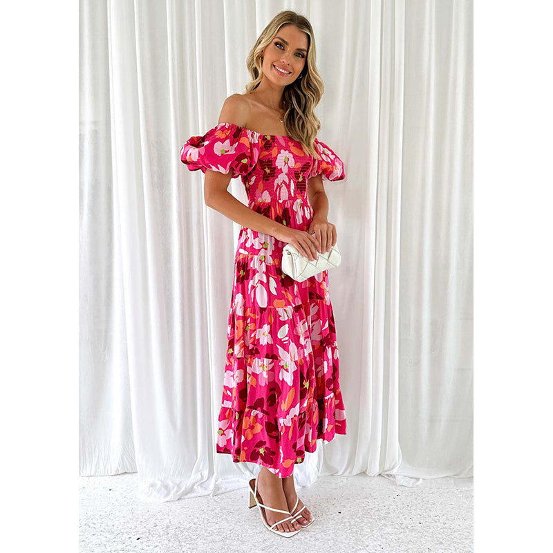 Printed Off-Shoulder Puff Sleeve Maxi Dress