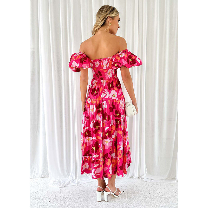 Printed Off-Shoulder Puff Sleeve Maxi Dress