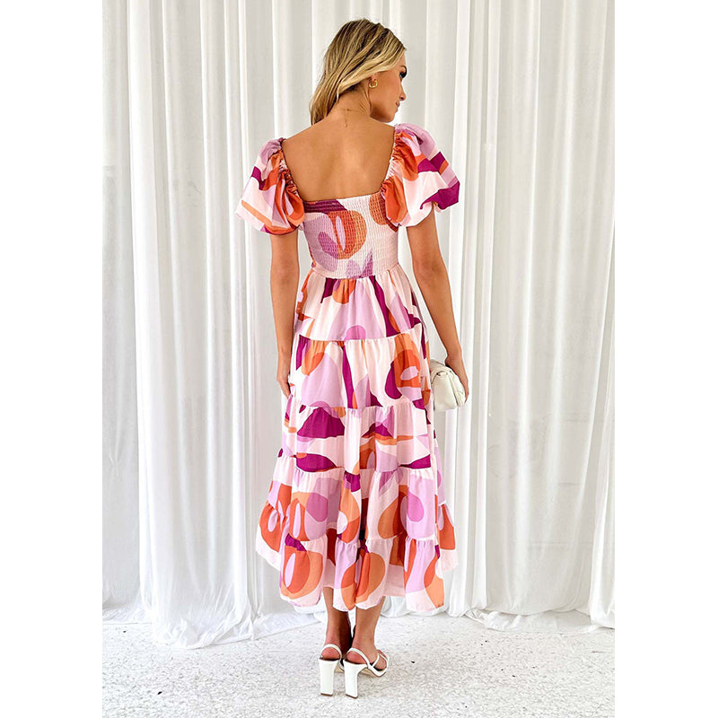 Purple Abstract Printed Square Neck Puff Sleeve Midi Dress