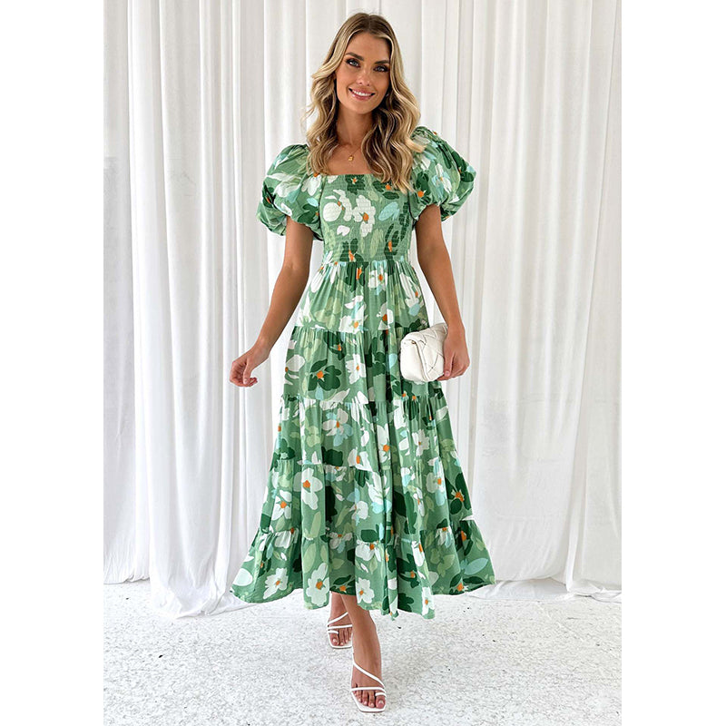 Green & White Floral Printed A Line Midi Dress