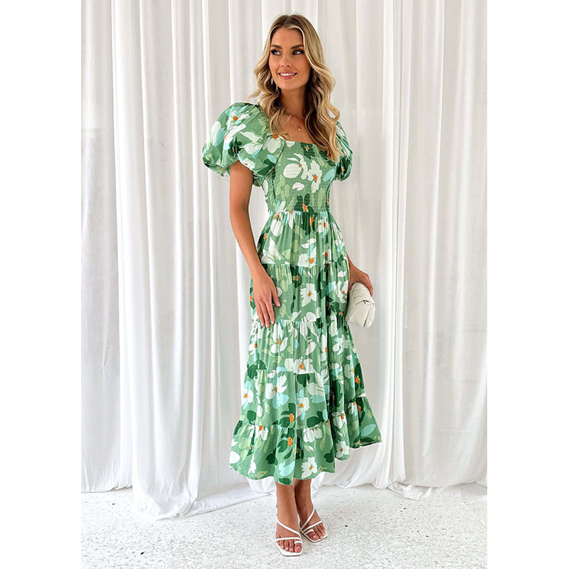 Green & White Floral Printed A Line Midi Dress