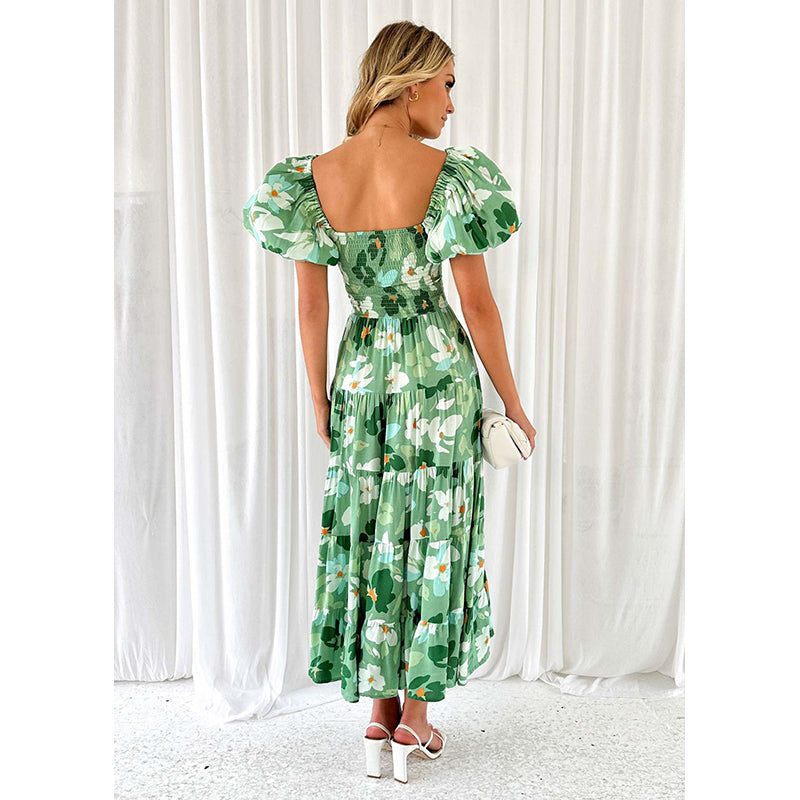 Green & White Floral Printed A Line Midi Dress