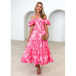 Pink Floral Printed Off-Shoulder Puff Sleeves Gathered Fit & Flare Midi Dress