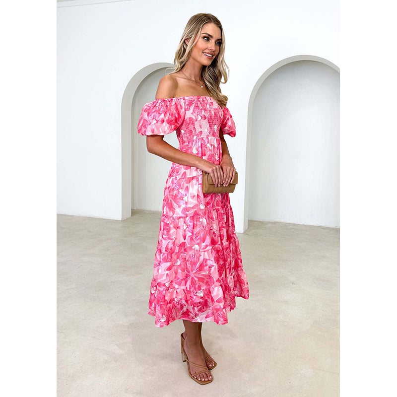 Pink Floral Printed Off-Shoulder Puff Sleeves Gathered Fit & Flare Midi Dress