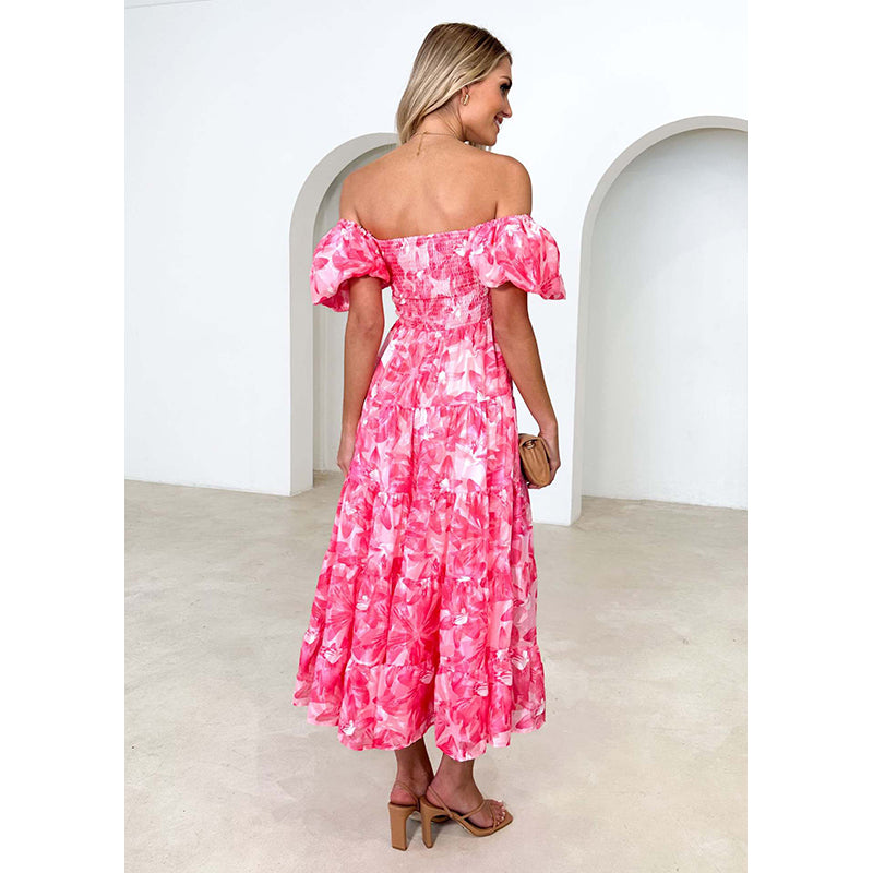 Pink Floral Printed Off-Shoulder Puff Sleeves Gathered Fit & Flare Midi Dress