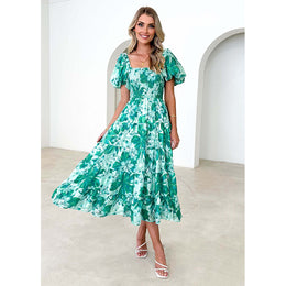 Green Floral Print Puff Sleeve Smocked Fit & Flare Midi Dress