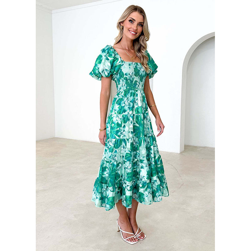 Green Floral Print Puff Sleeve Smocked Fit & Flare Midi Dress