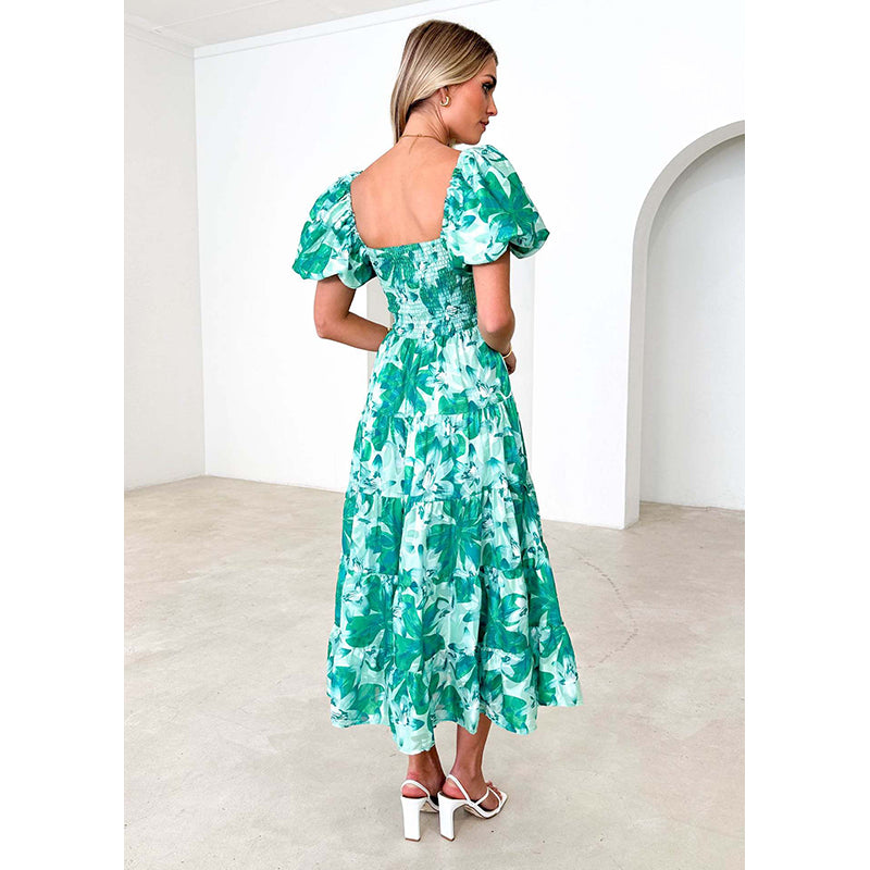 Green Floral Print Puff Sleeve Smocked Fit & Flare Midi Dress
