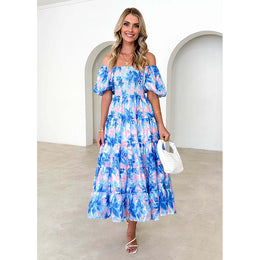 Blue Floral Printed Off-Shoulder Puff Sleeve Tiered Maxi Dress