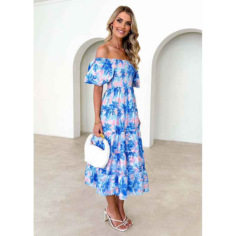 Blue Floral Printed Off-Shoulder Puff Sleeve Tiered Maxi Dress