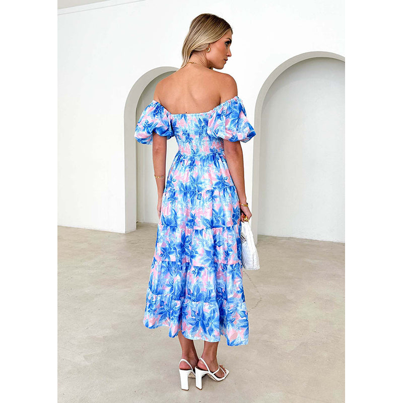 Blue Floral Printed Off-Shoulder Puff Sleeve Tiered Maxi Dress