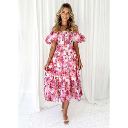 Red & White Floral Off-Shoulder Midi Dress