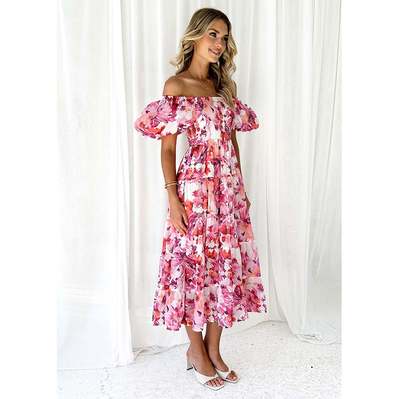 Red & White Floral Off-Shoulder Midi Dress