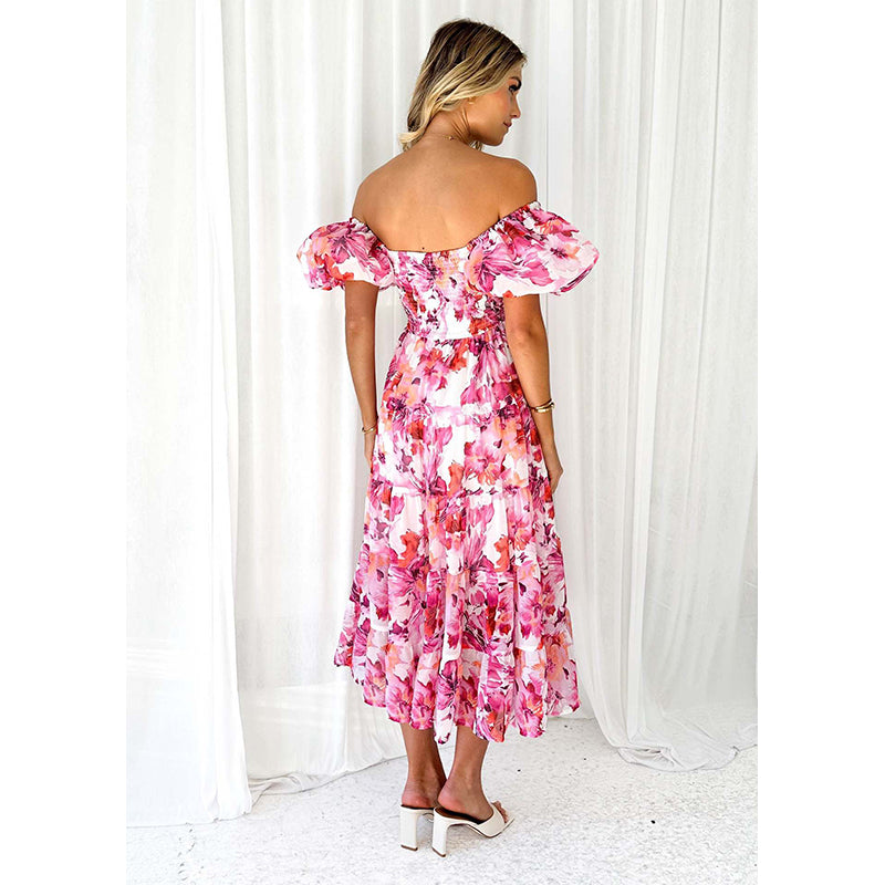Red & White Floral Off-Shoulder Midi Dress