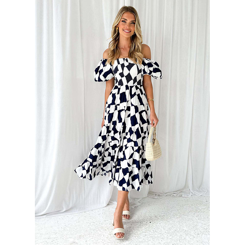 Printed Off-Shoulder Puff Sleeve A-line Dress
