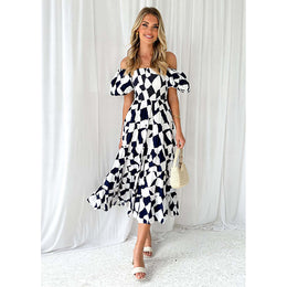 Printed Off-Shoulder Puff Sleeve A-line Dress