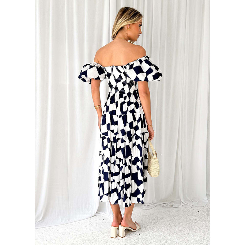 Printed Off-Shoulder Puff Sleeve A-line Dress