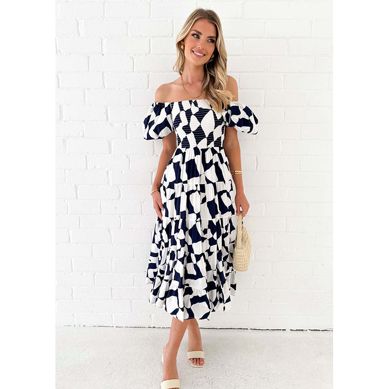 Printed Off-Shoulder Puff Sleeve A-line Dress