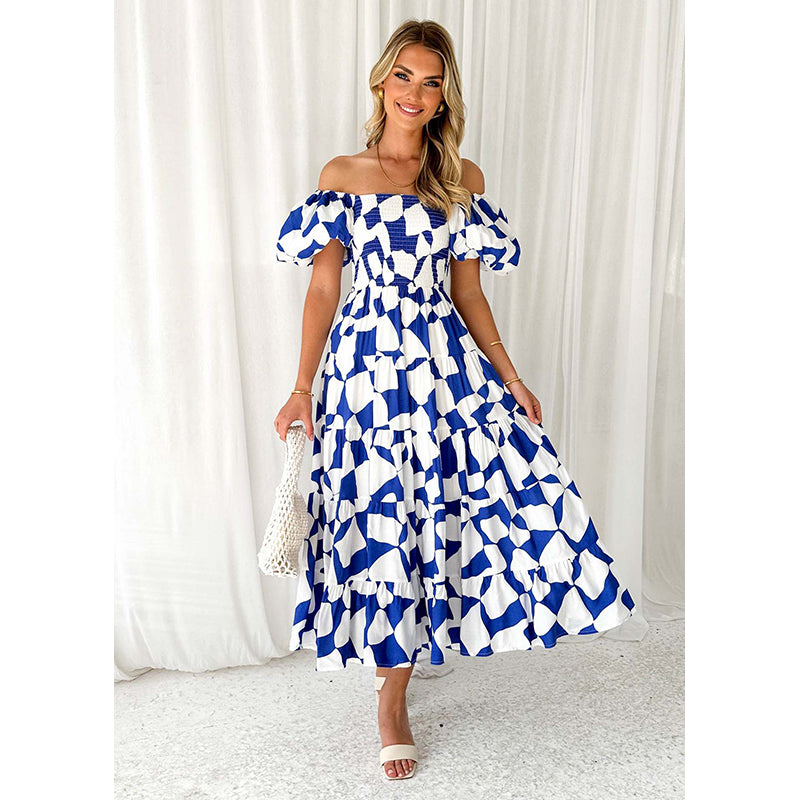 Blue Geometric Printed Off-Shoulder Puff Sleeves Gathered Fit & Flare Midi Dress