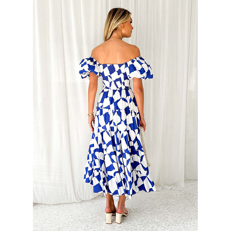 Blue Geometric Printed Off-Shoulder Puff Sleeves Gathered Fit & Flare Midi Dress
