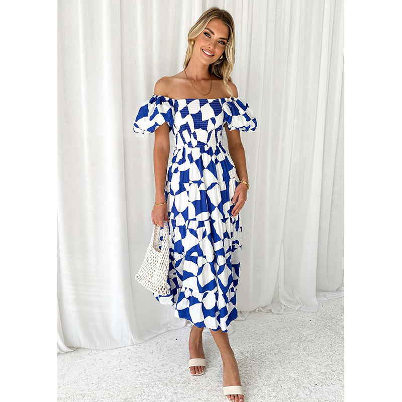 Blue Geometric Printed Off-Shoulder Puff Sleeves Gathered Fit & Flare Midi Dress