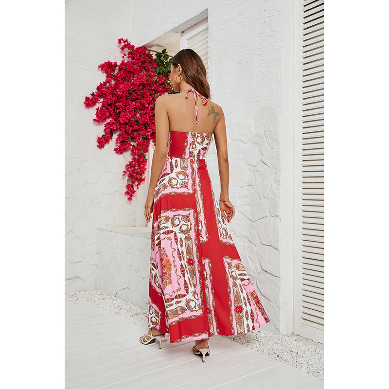 Floral Printed Flared Halter Neck Maxi Dress
