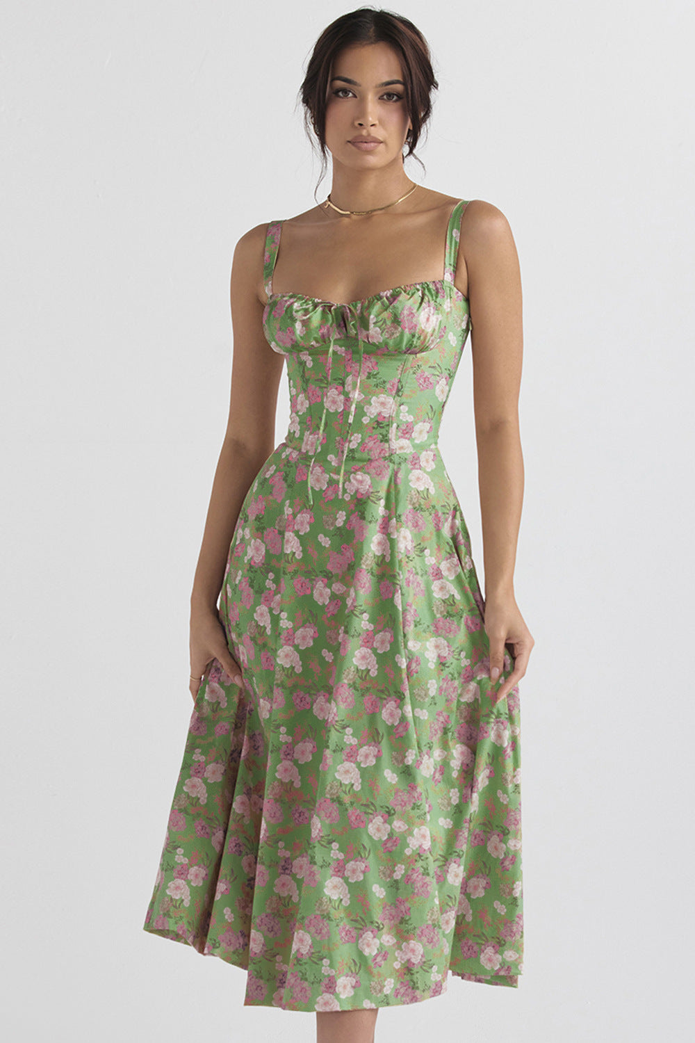 Green Floral Printed Shoulder Strap Sleeveless Gathered Fit & Flare Midi Dress
