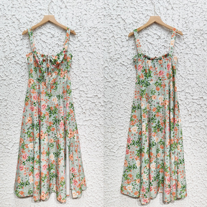 Green Floral Printed Shoulder Strap Sleeveless Gathered Fit & Flare Midi Dress