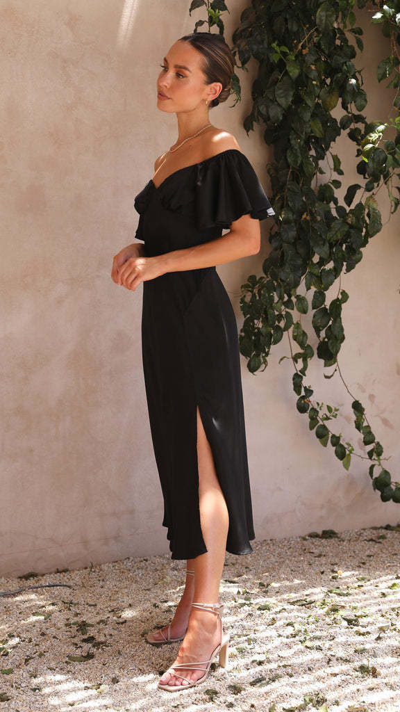 Black V-Neck Flutter Sleeves A-Line Midi Dress