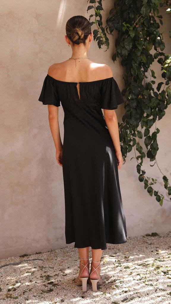 Black V-Neck Flutter Sleeves A-Line Midi Dress