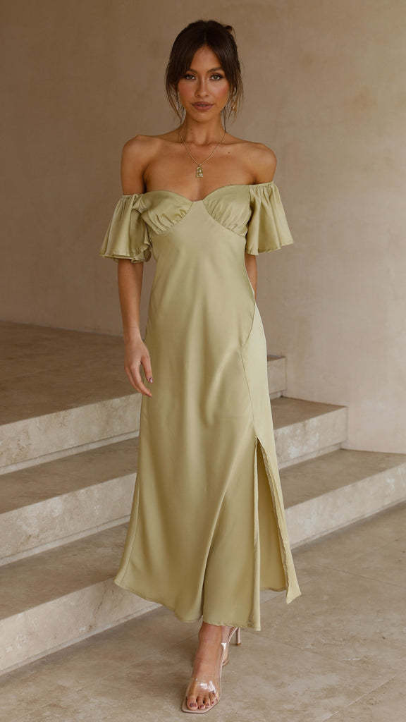 Green Off-Shoulder Flared Sleeve Maxi Dress